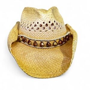 Desperado Collection Tan straw cowboy hat with heart beaded rhinestone band